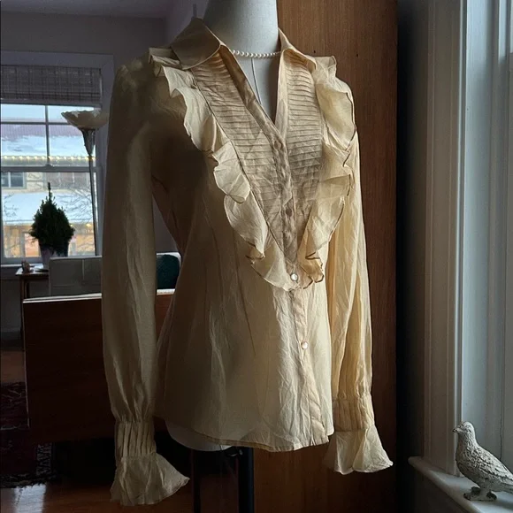 Oscar de la Renta Sheer Cotton/Silk Romantic Pintuck Ruffle Blouse, NWT - Picture 4 of 9